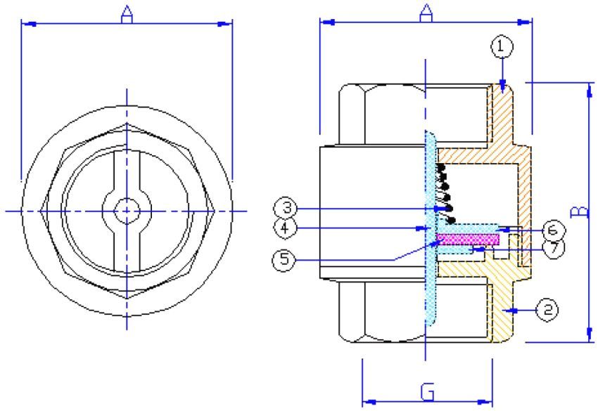Dimensiones y principio de funcionamiento de la válvula de retención de resorte de acoplamiento: 1 y 2 - carcasa; 3 - primavera; 4 - varilla de plastico; 5 - sello; 6 - placa superior; 7 - placa inferior; A - 34,5-79 mm; B - 46-80.5 mm; G - 1 / 2-2"